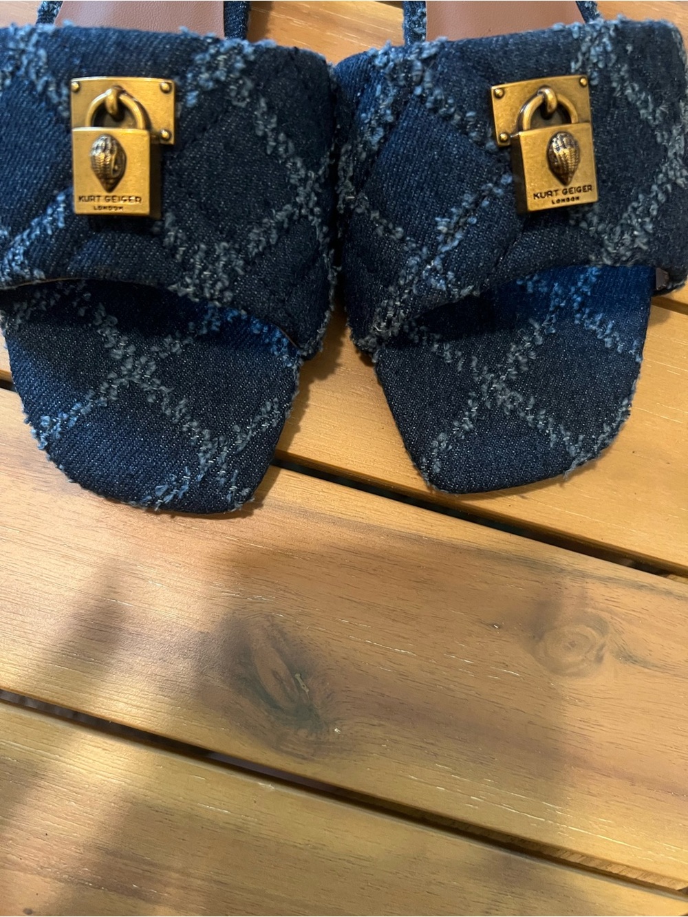 Kurt Geiger BRIXTON Quilted Denim Slide Sandals with Gold Padlock Accent